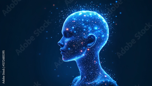A futuristic digital illustration of a human head made of glowing blue interconnected lines and dots, dissolving into tiny digital particles against a deep, dark blue background, symbolizing AI,