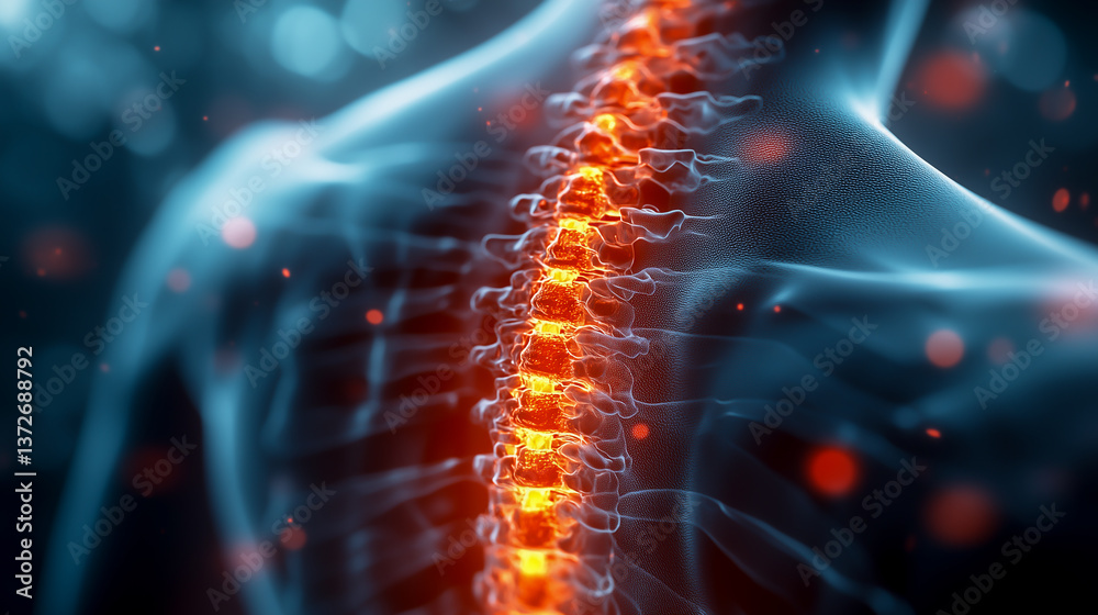 back of a person with pain in the spine. red and yellow areas of inflammation in the back