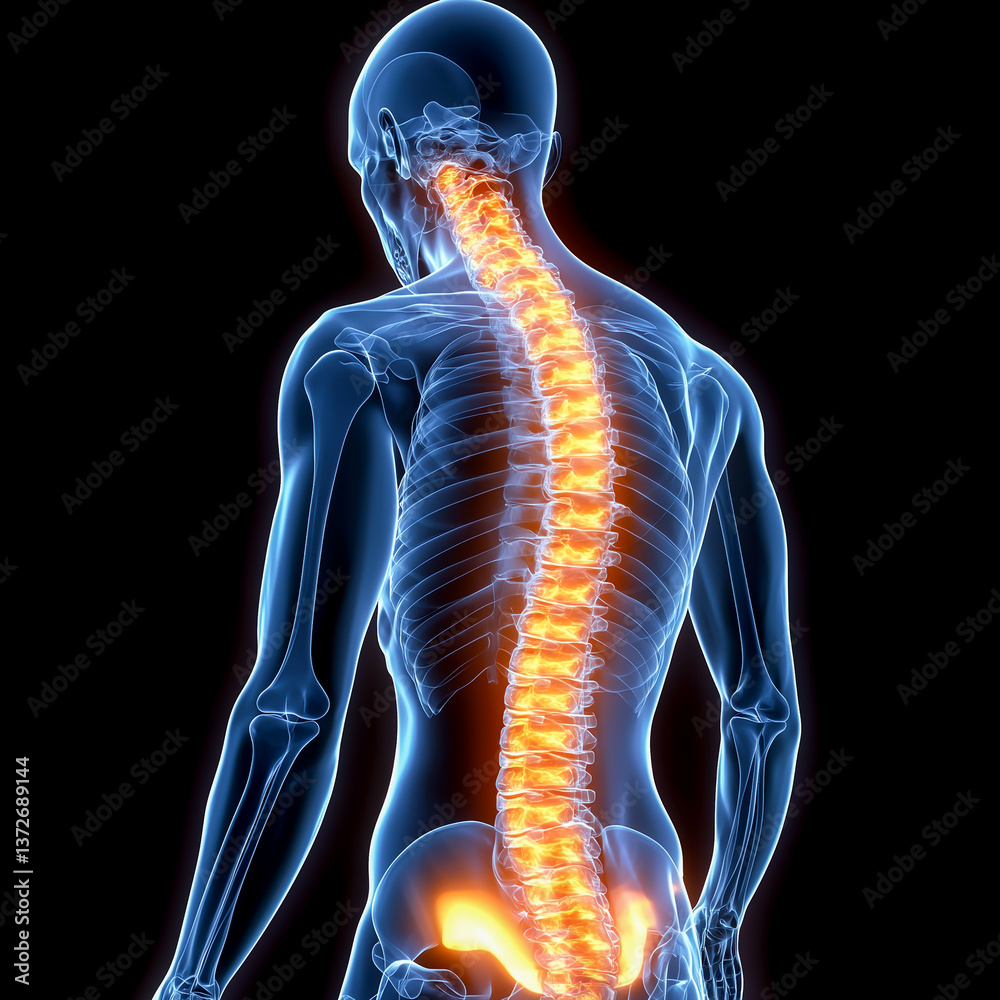 back of a person with pain in the spine. red and yellow areas of inflammation in the back