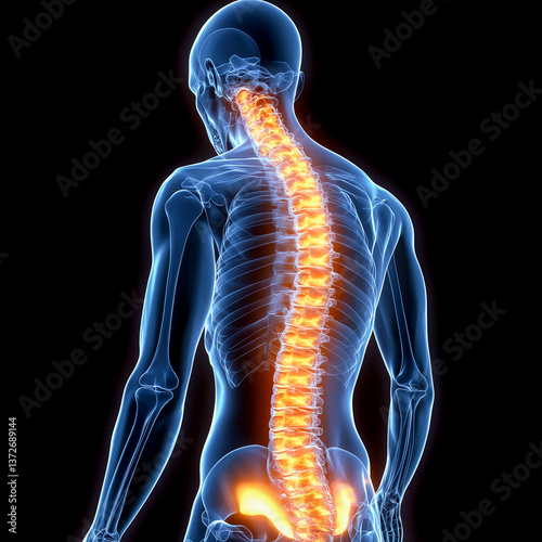 Obraz na płótnie back of a person with pain in the spine. red and yellow areas of inflammation in the back w salonie