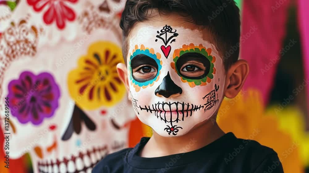 A young child in striking face paint stands amidst festive decorations, embracing the vibrant spirit of Day of the Dead. This celebration highlights cultural traditions and community joy A young child in striking face paint stands amidst festive decorations, embracing the vibrant spirit of Day of the Dead. This celebration highlights cultural traditions and community joy