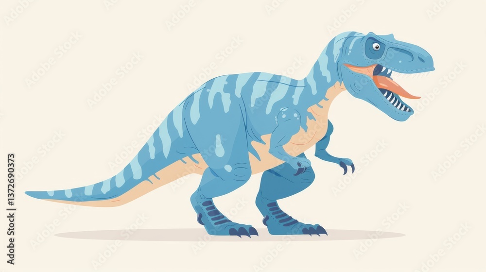Fototapeta premium Blue cartoon dinosaur with sharp teeth and claws roaring in front of an abstract background.