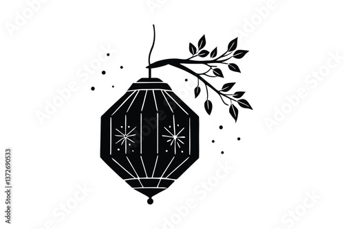 Vintage vector Chinese lantern silhouette with tree and bird, artful light design