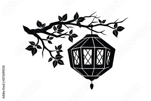Vintage vector Chinese lantern silhouette with tree and bird, artful light design