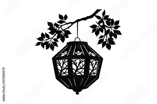 Vintage vector Chinese lantern silhouette with tree and bird, artful light design