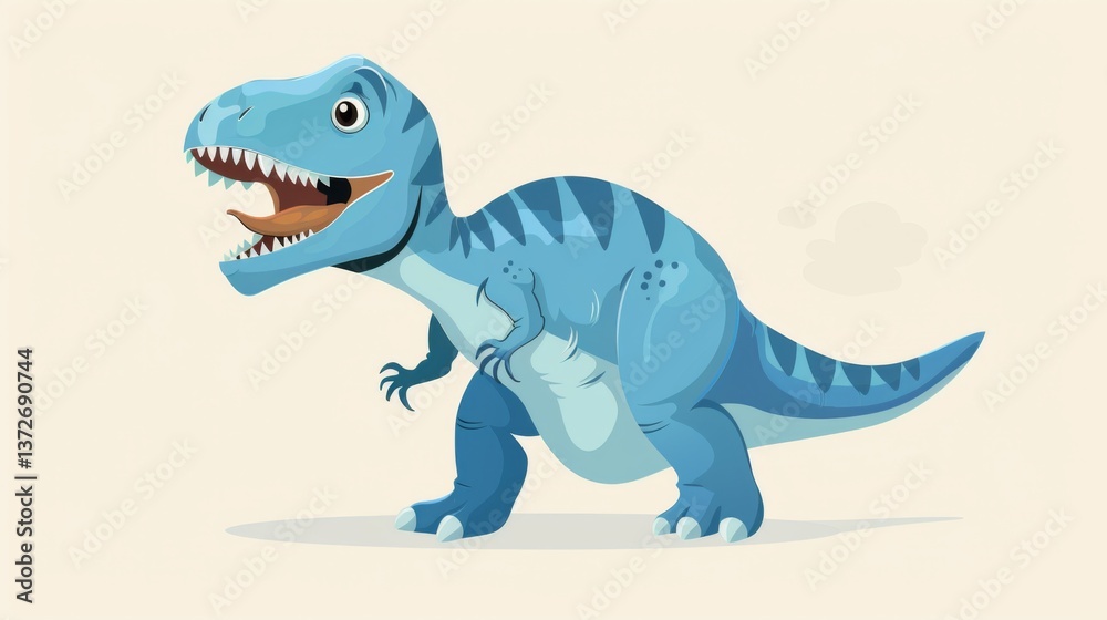 Naklejka premium Blue cartoon dinosaur with sharp teeth and claws roaring in front of an abstract background.