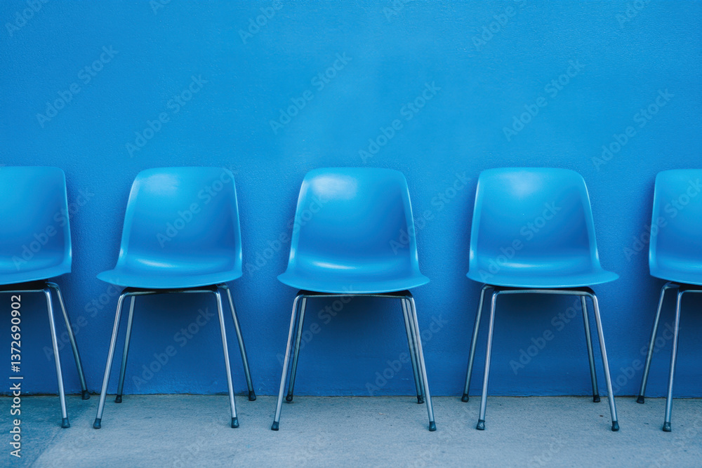 Obraz premium A single blue chair stands out against a sea of similar chairs, symbolizing uniqueness and success