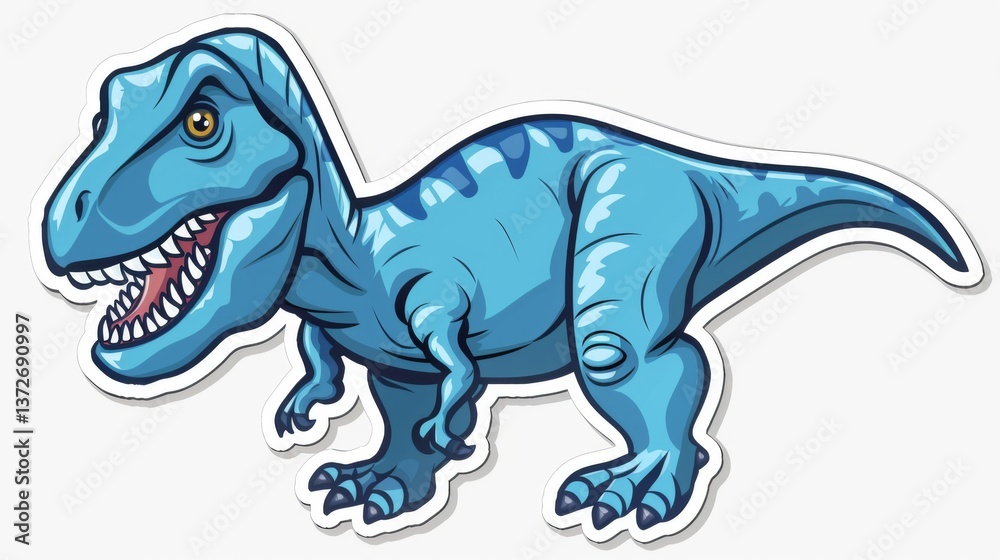 Fototapeta premium Blue cartoon dinosaur with sharp teeth and claws roaring in front of an abstract background.