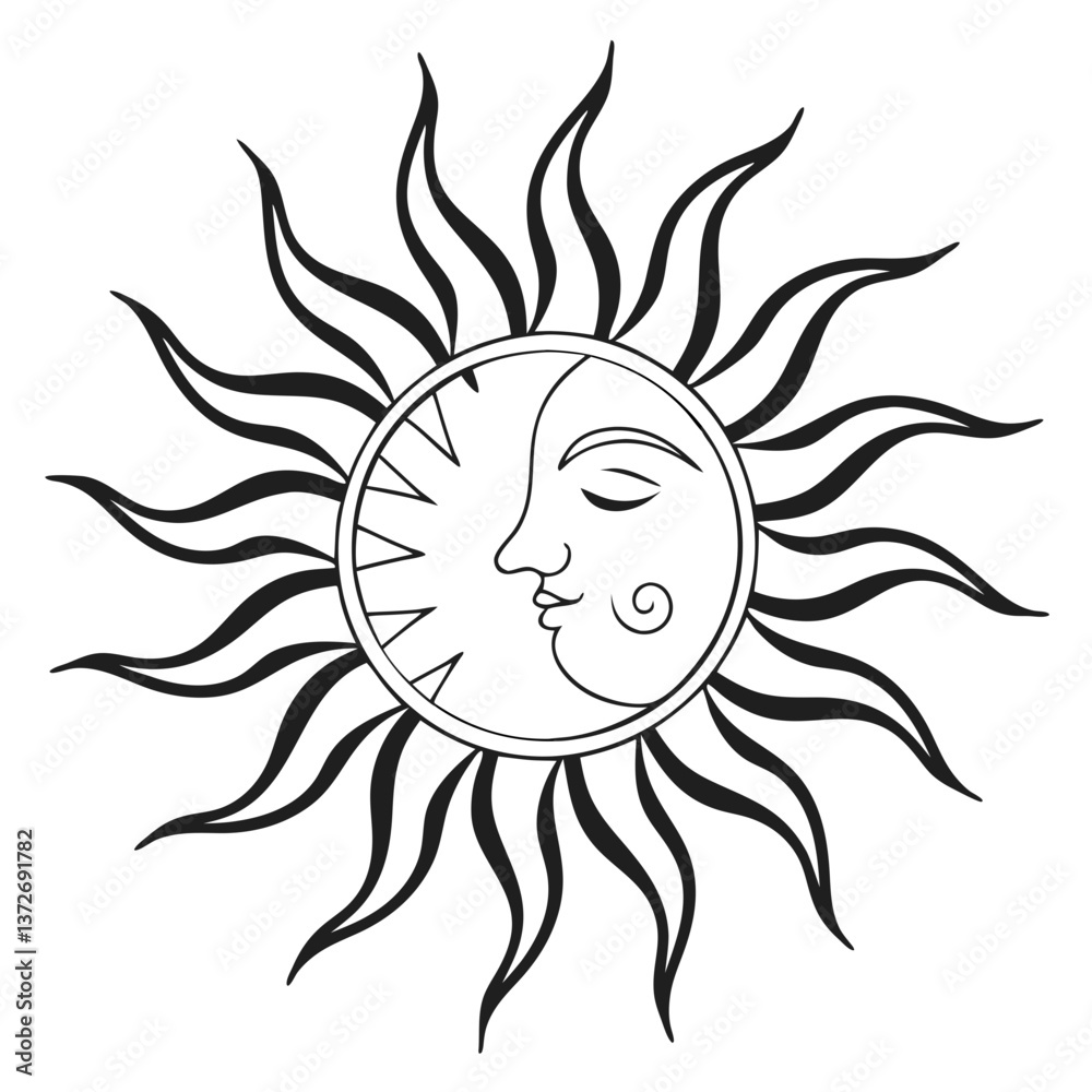 Fototapeta premium Sun illustration with face in intricate black outline design
