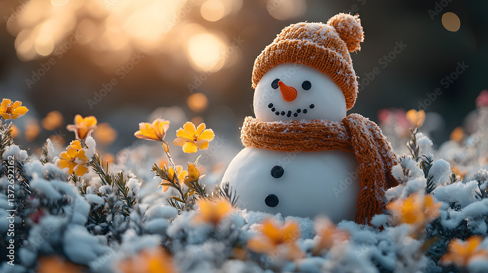 Obraz premium Snowman in a blooming flower field
