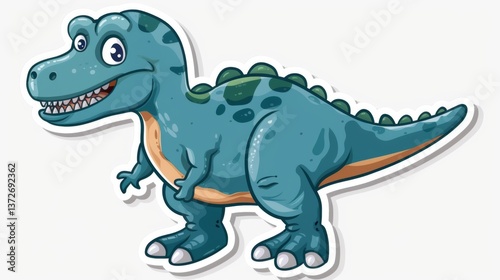 Blue cartoon dinosaur with sharp teeth and claws roaring in front of an abstract background.