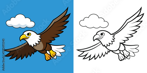 Coloring Page Eagle Bird Flying In Sky Cartoon Illustration