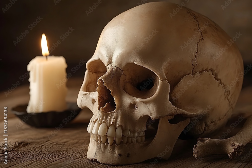 Obraz premium Skull with candle, wood, and still life.