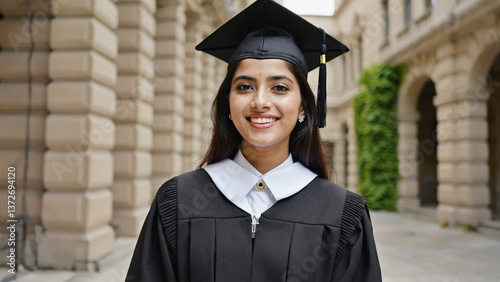 A Glimpse of Graduation: A confident graduate smiles radiantly, robed in cap and gown, against the backdrop of an elegant academic building. A beautiful portrait capturing the joy of achievement.