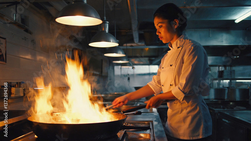 Culinary Blaze: A dedicated chef expertly controls flames while preparing a meal, showcasing skill and passion in a dynamic kitchen setting. 
