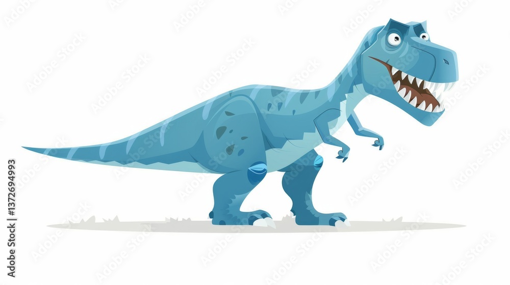 Obraz premium Blue cartoon dinosaur with sharp teeth and claws roaring in front of an abstract background.