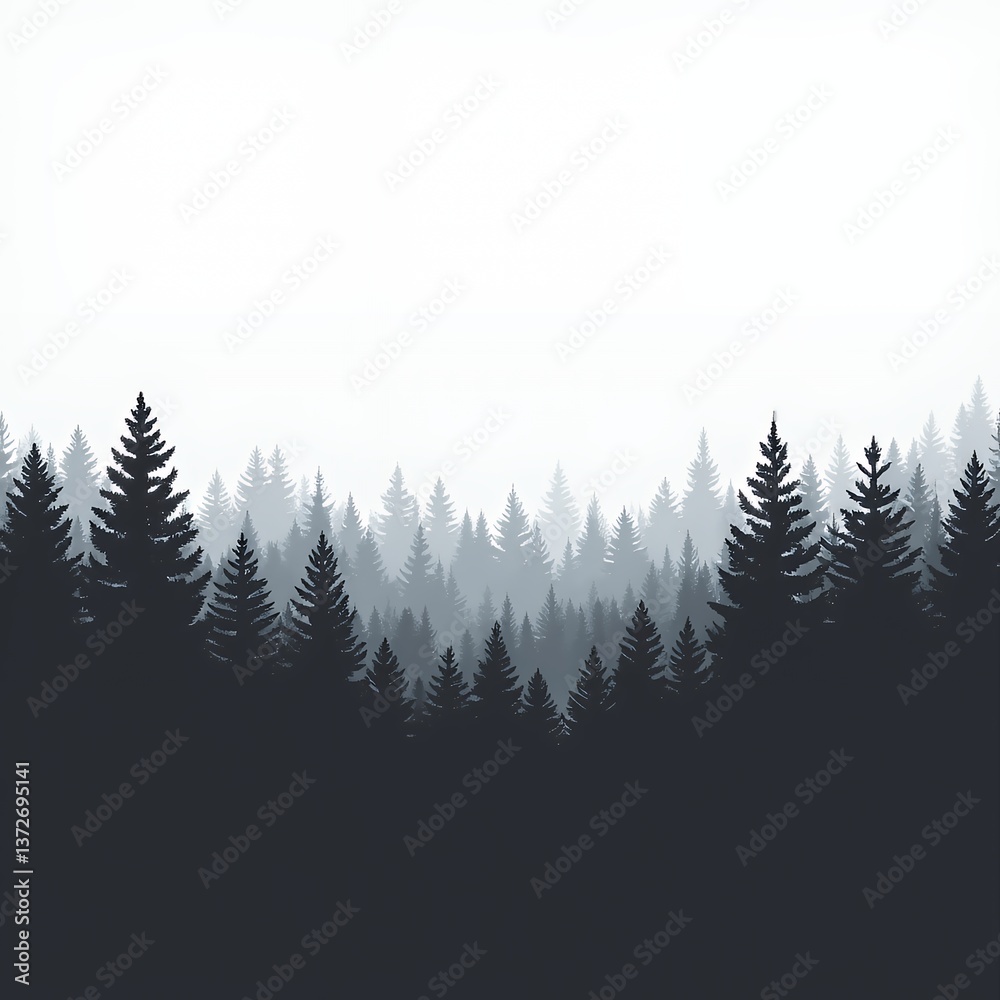 Obraz premium A serene silhouette of dense evergreens against a misty backdrop.
