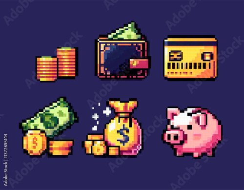 Pixel art illustration depicting coins, a wallet, credit card, cash, a money bag, and a piggy bank on a dark background. Ideal for finance, savings, or digital currency themes.