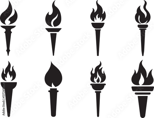 Minimalist Torch Silhouette Collection – High-Quality Black and White Icons