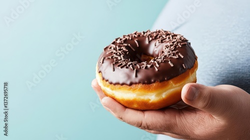 Overweight man savoring a chocolate-covered doughnut with a big smile