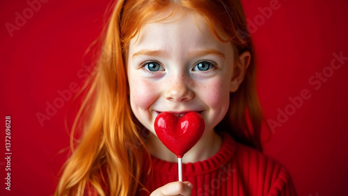 beautiful red-haired girl with a red heart in her hand on a red background