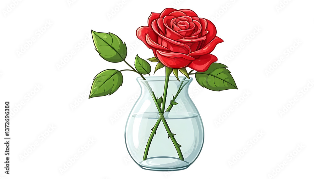 Fototapeta premium Red Rose in Glass Vase cartoon png