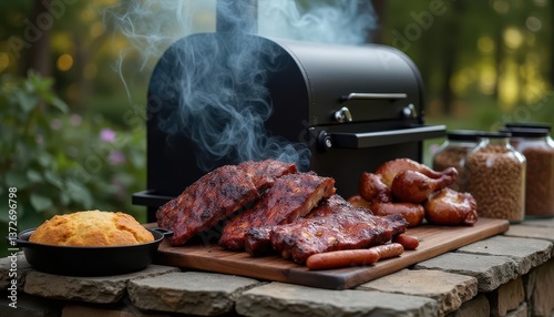 Meat smoker pellet style on stone patio producing thin blue smoke, lid raised revealing glazed ribs, golden chicken, sausages with snap, wood pellet containers nearby, cast iron cornbread