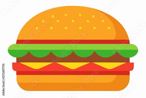 Vector illustration of a cheeseburger sandwich with beef, cheese, lettuce, and tomato on a sesame bun