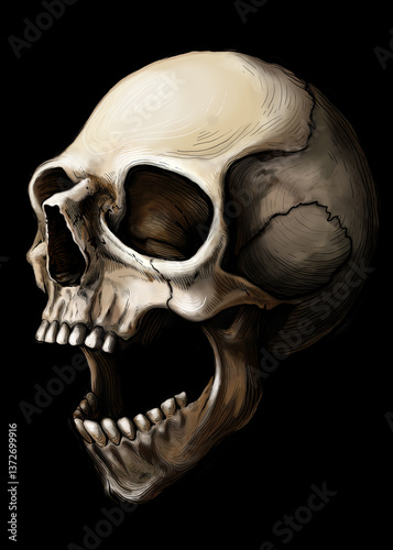 evil grinning human skull illustration black background