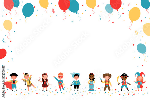 Festive background with a place for text from children in carnival costumes, colorful balloons and streamers.
