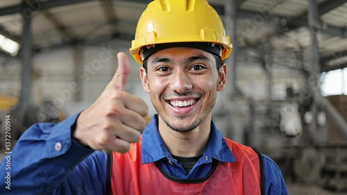 Portrait of factory worker in orange hard hat and vest showing thumb up, showing enthusiasm and satisfaction.