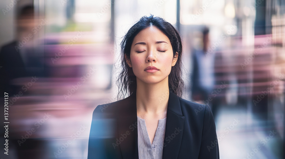 Obraz premium Young Asian woman with closed eyes in city, businesswoman in meditation, blurred motion background.
