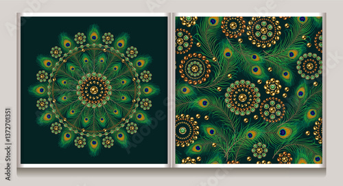 Jewelry deluxe motif, seamless pattern with peacock feathers, circular jewelry motifs. Gold elements with green emerald gems. Dark background