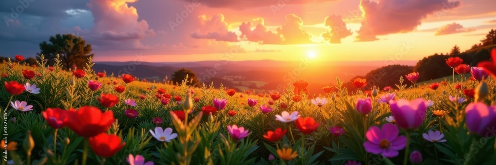 Fototapeta premium Sunset panorama, vibrant wildflowers, idyllic meadow, peaceful, background, beauty