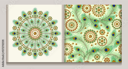 Jewelry deluxe motif, seamless pattern with peacock feathers, circular jewelry motifs. Gold elements with green emerald gems. White background