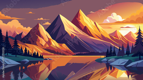A breathtaking minimalist wallpaper of a majestic mountain range reflected in a crystal-clear lake. Golden hours.