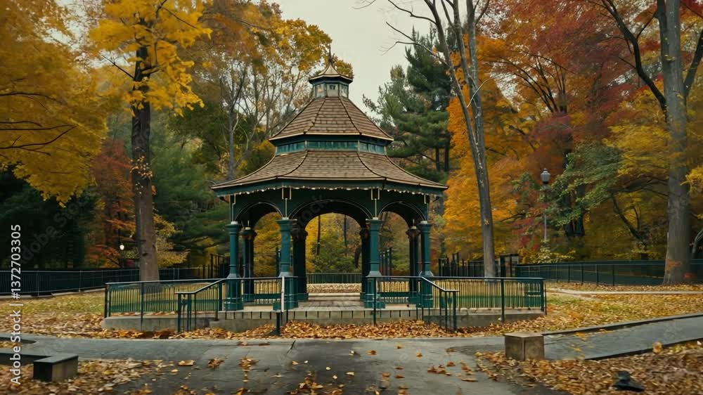 Beautiful gazebo in serene park surrounded by vibrant autumn foliage, where colorful leaves create picturesque outdoor landscape, inviting visitors to enjoy peaceful nature and architecture.