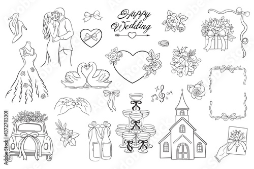 Happy Wedding marriage hand drawn doodle icon set - star, sparkle, heart, rings, glasses, groom, bride, car, bouquet, church. Sketch vector marriage symbol on white background for decoration