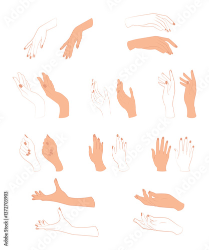 Set of woman hands gestures in doodle style isolated gesturing human arms. Vector illustration.
