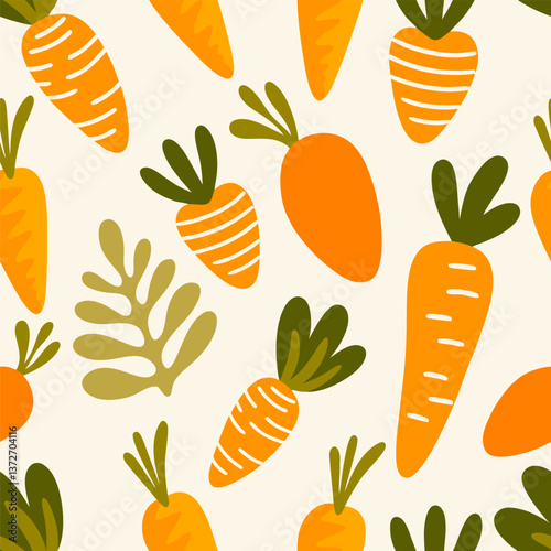 Bold Orange Carrots with Leafy Tops. Seamless pattern background ideal for wrapping paper, fabric, textile etc.