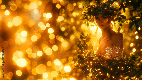 beautiful fairy stands in the middle of a magical forest, golden hour