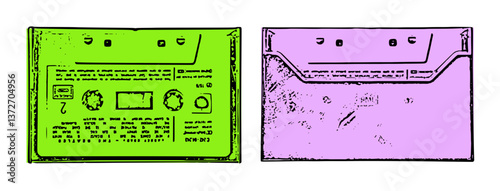 Bold Line Art Illustration of a Vintage Audio Cassette Depicting Both Sides