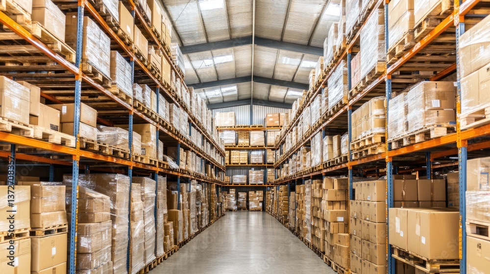 Extensive warehouse filled with cardboard boxes on high shelves Extensive warehouse filled with cardboard boxes on high shelves