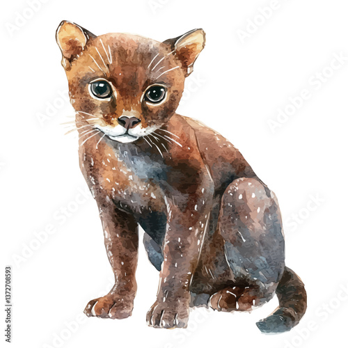 A watercolor vector of a jaguarundi, isolated on a white background. Jaguarundi vector.


