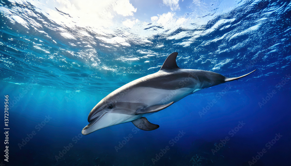 Fototapeta premium Underwater shot of a striped dolphin swimming in blue ocean