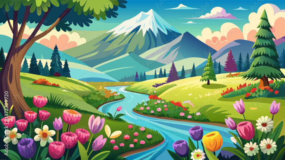 Fototapeta premium panoramic view of spring flowers by mountain river