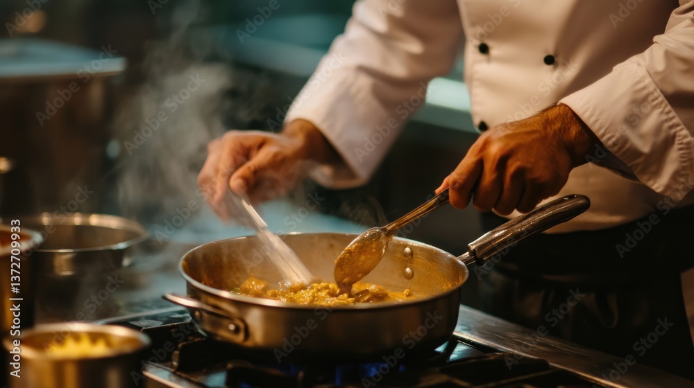 Chef Stirring Delicious Food in a Pan on Stovetop at Restaurant Chef Stirring Delicious Food in a Pan on Stovetop at Restaurant