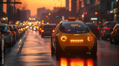 Robotaxi with advanced sensors navigating through heavy traffic.