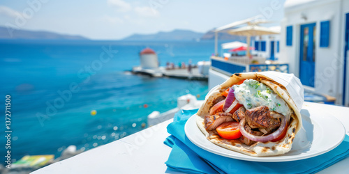 Greek gyros wrapped in pita with tzatziki and sea background