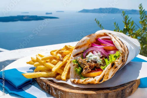 Grilled meat gyros with fries on plate by Aegean sea